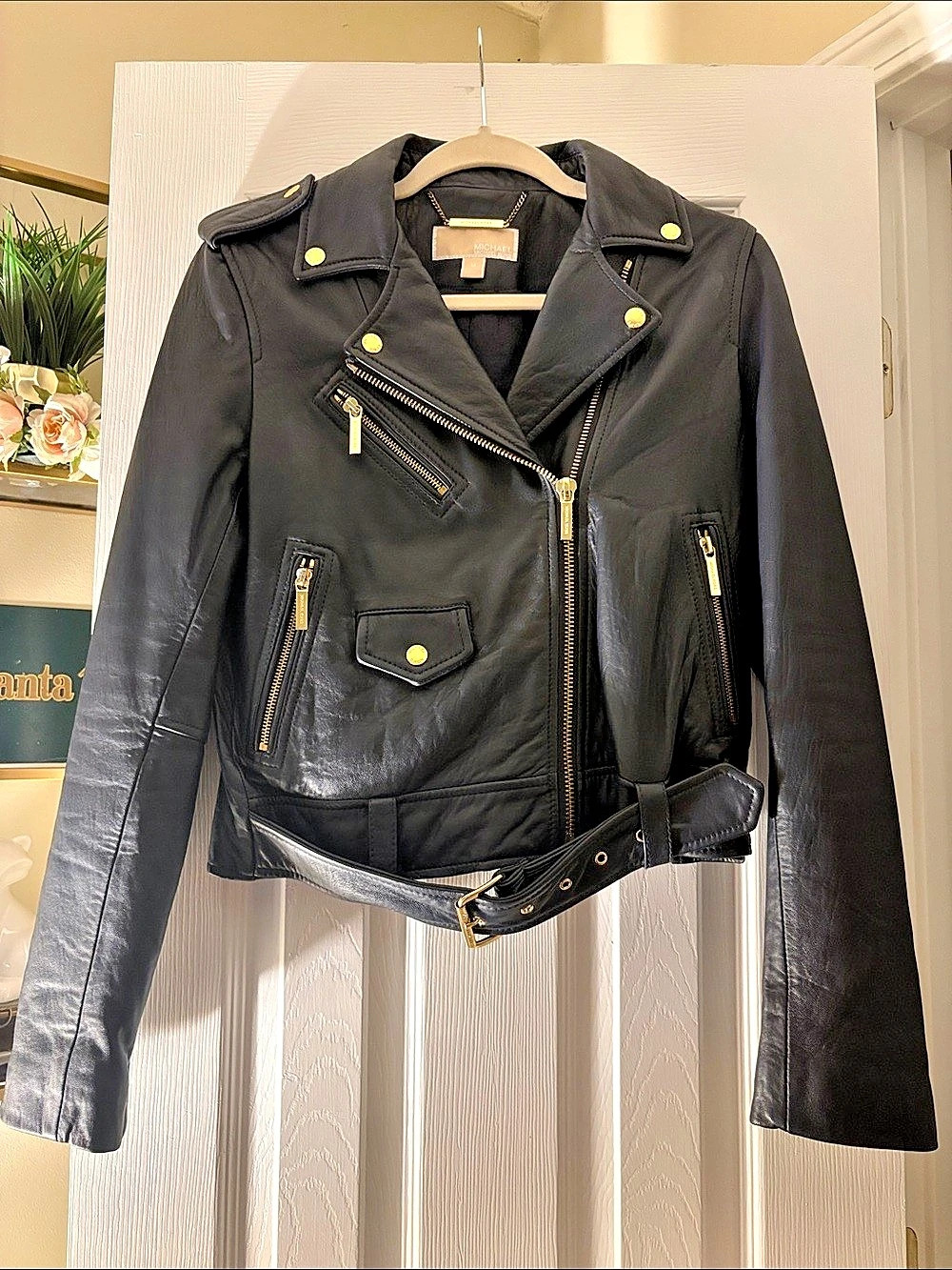 Michael Kors Leather Moto Jacket Women's Navy Medium